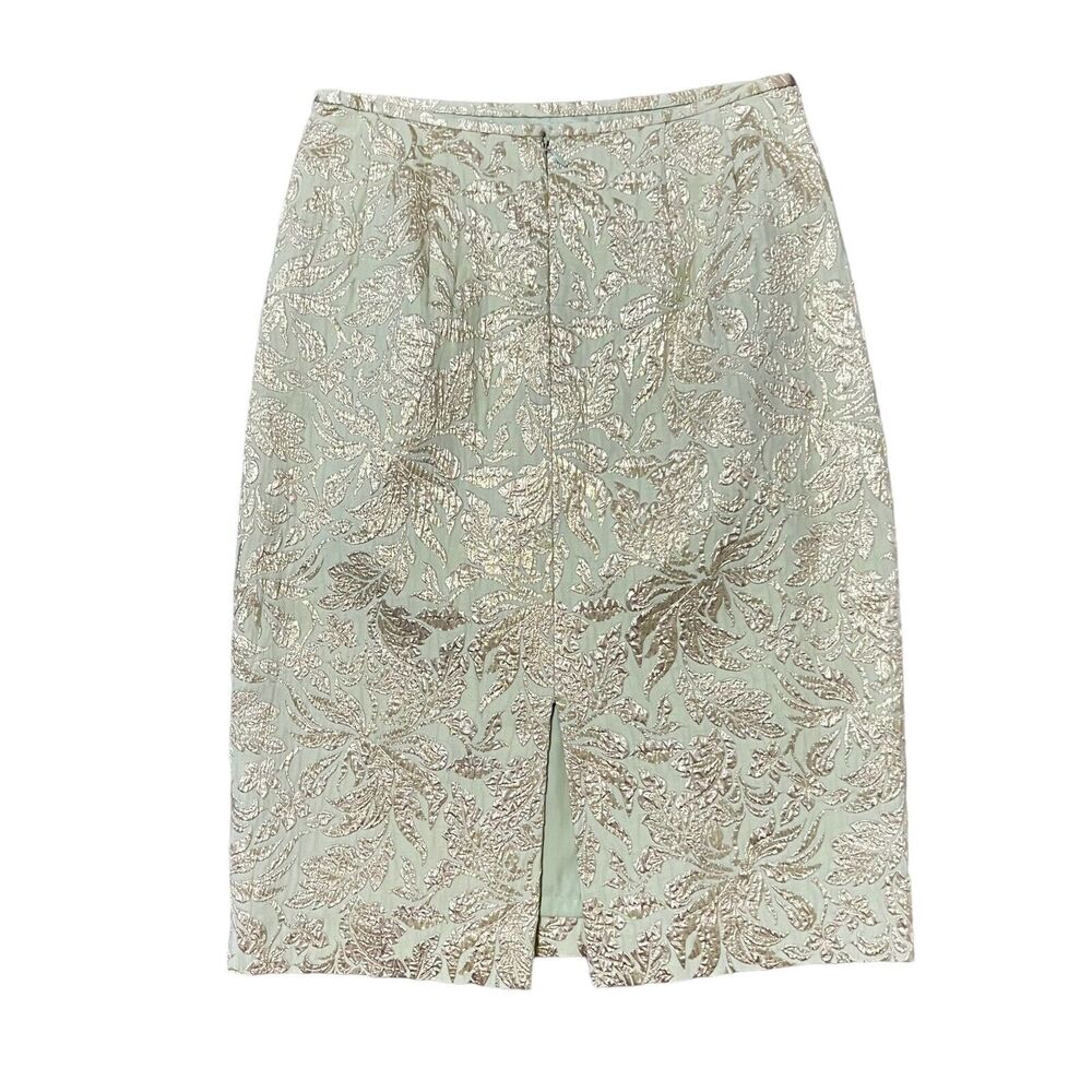 LAFAYETTE 148 Jacquard Pencil Skirt Mint Green Gold Sz 2 Knee Length High Rise - Picture 2 of 5